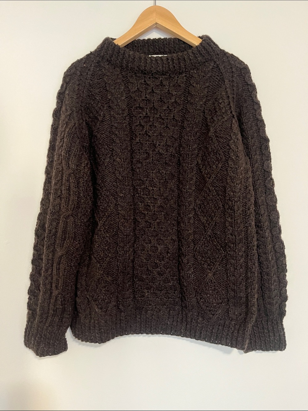 Vintage Dark Brown Donegal Cableknit Irish 100% Wool Sweater